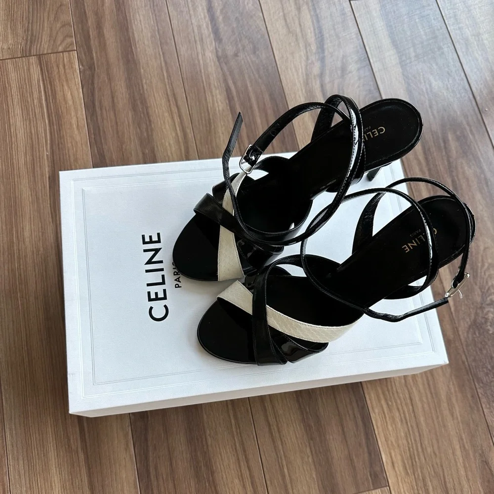 CELINE Sharp Sandal In Kidskin, Patent Calfskin, Elaphe 
color: black, white - Picture 2 of 6